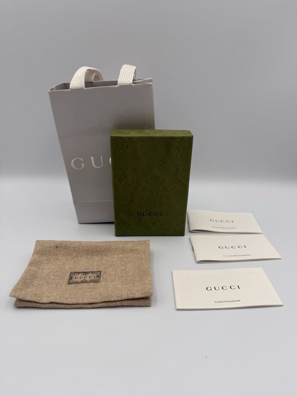 Authentic Gucci Empty Gift Box 5x3,5” , Dust Bag, Shopping Bag & Booklet Set